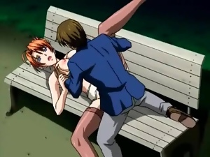 Fucking anime redhead outdoors on park bench