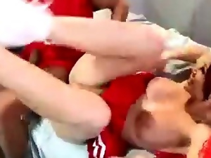 Redhead cheerleader takes huge college dong while friend keeps riding