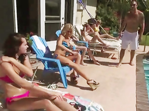 Pool party turns into hardcore sex orgy where chicks blow and fuck