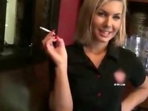 Smoking barmaid flashes and cunt stuffed for some money