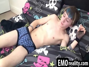 Sexy and gorgeous emo twink teases in his bed as her masturbates